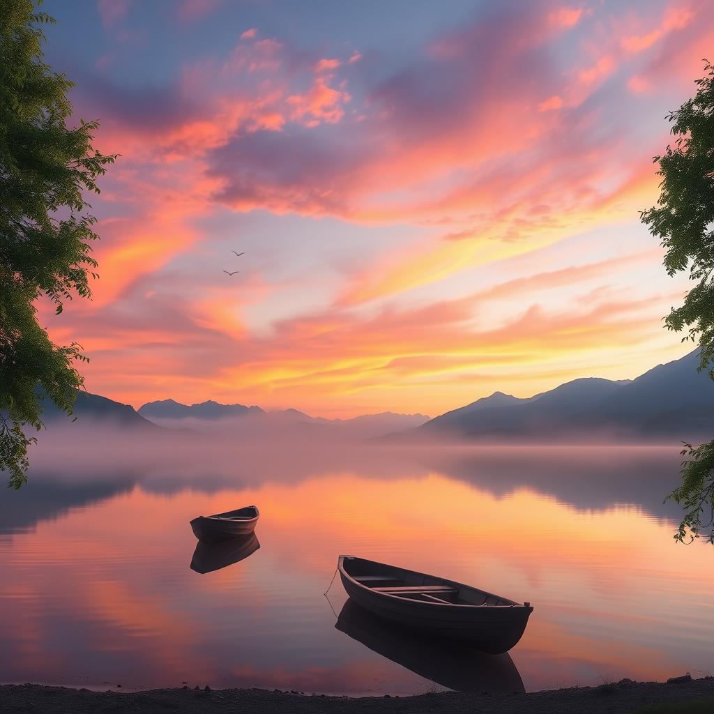 A serene sunset over a calm lake, with mountains in the background