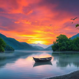 A serene sunset over a calm lake, with mountains in the background