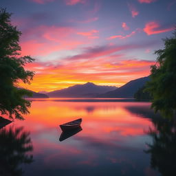 A serene sunset over a calm lake, with mountains in the background