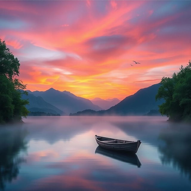 A serene sunset over a calm lake, with mountains in the background