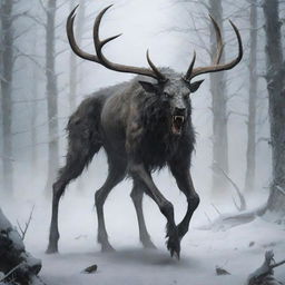 Design a frightful and strong creature named 'Nayzog', roughly the size of a large dog. Take inspiration from the mythical Wendigo, blending elements of fantasy and reality.