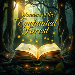 A captivating and intriguing book cover design featuring an open book with glowing pages floating in a mystical forest