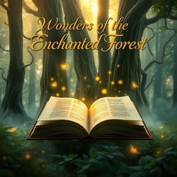 A captivating and intriguing book cover design featuring an open book with glowing pages floating in a mystical forest