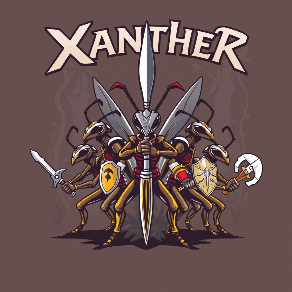 A dynamic T-shirt design featuring five warrior ants, each with unique armor and weapons, arranged as a team