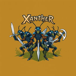 A dynamic T-shirt design featuring five warrior ants, each with unique armor and weapons, arranged as a team