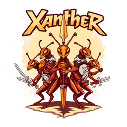 A dynamic T-shirt design featuring five warrior ants, each with unique armor and weapons, arranged as a team