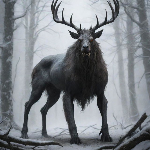 Design a frightful and strong creature named 'Nayzog', roughly the size of a large dog. Take inspiration from the mythical Wendigo, blending elements of fantasy and reality.