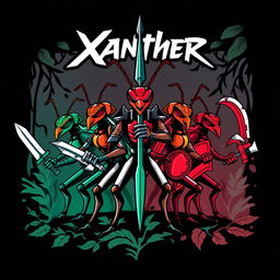 A dynamic T-shirt design featuring five warrior ants, each with unique armor and weapons, arranged as a team