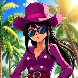 Nico Robin from One Piece, standing confidently with a mysterious and intelligent expression, wearing her iconic cowgirl outfit with purple cowboy hat and sunglasses