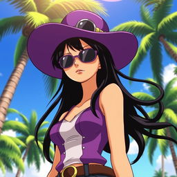 Nico Robin from One Piece, standing confidently with a mysterious and intelligent expression, wearing her iconic cowgirl outfit with purple cowboy hat and sunglasses