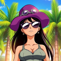 Nico Robin from One Piece, standing confidently with a mysterious and intelligent expression, wearing her iconic cowgirl outfit with purple cowboy hat and sunglasses