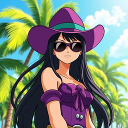 Nico Robin from One Piece, standing confidently with a mysterious and intelligent expression, wearing her iconic cowgirl outfit with purple cowboy hat and sunglasses