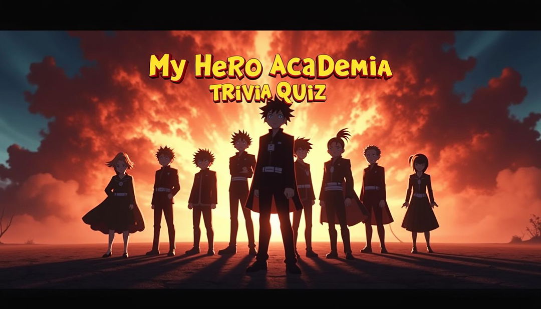 Create a cinematic YouTube thumbnail for "My Hero Academia Trivia Quiz" featuring character silhouettes from the anime, such as Deku or All Might, in dynamic poses against a dramatic, fiery background