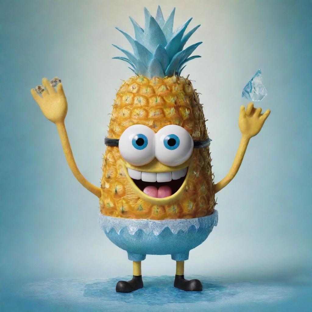 A joyful portrayal of SpongeBob SquarePants dressed as the Ice King from Adventure Time, standing proudly in his pineapple under the sea. Don't forget to add the Ice King's crown and magic wand.