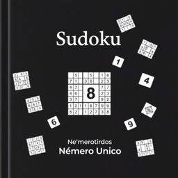 A minimalist book cover with a black background featuring several small Sudoku grids placed randomly across the cover