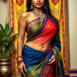 A stunning Indian woman dressed in a vibrant saree that exposes her midriff, highlighting her incredible curves with a 36-24-36 shape