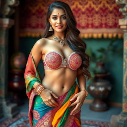 A stunning Indian woman dressed in a vibrant saree that exposes her midriff, highlighting her incredible curves with a 36-24-36 shape