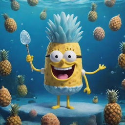 A joyful portrayal of SpongeBob SquarePants dressed as the Ice King from Adventure Time, standing proudly in his pineapple under the sea. Don't forget to add the Ice King's crown and magic wand.