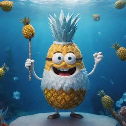 A joyful portrayal of SpongeBob SquarePants dressed as the Ice King from Adventure Time, standing proudly in his pineapple under the sea. Don't forget to add the Ice King's crown and magic wand.