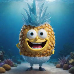 A joyful portrayal of SpongeBob SquarePants dressed as the Ice King from Adventure Time, standing proudly in his pineapple under the sea. Don't forget to add the Ice King's crown and magic wand.