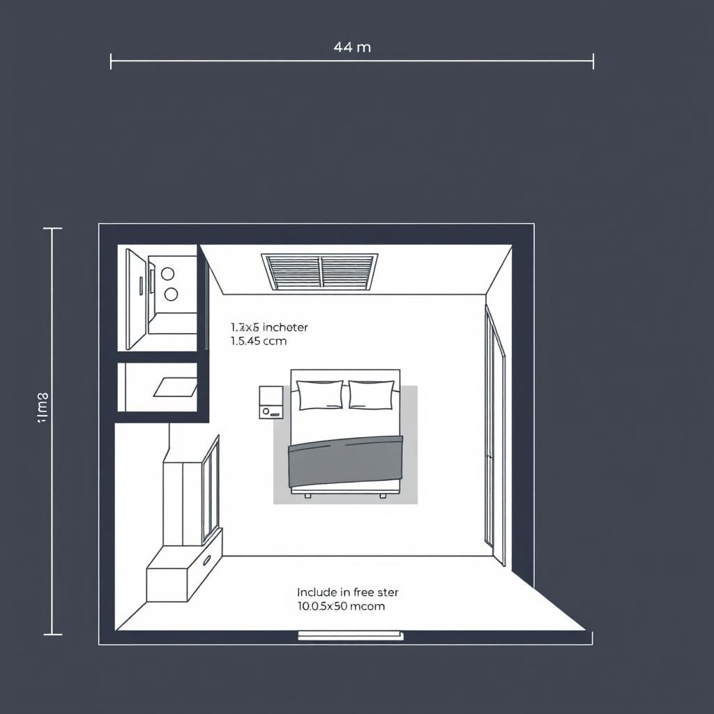 An architectural drawing of a 4x4 meter room with specific interior features