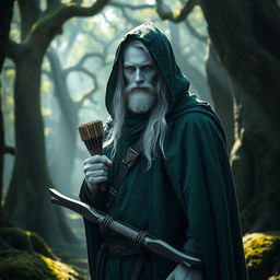 A man with completely white skin, white hair, and white eyes, wearing a green hooded cloak, standing in a mystical forest