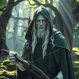 A man with completely white skin, white hair, and white eyes, wearing a green hooded cloak, standing in a mystical forest