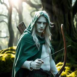 A man with completely white skin, white hair, and white eyes, wearing a green hooded cloak, standing in a mystical forest