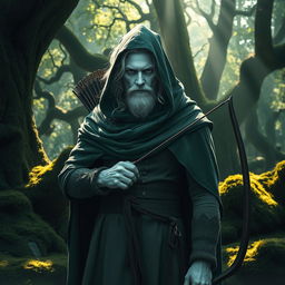 A man with completely white skin, white hair, and white eyes, wearing a green hooded cloak, standing in a mystical forest