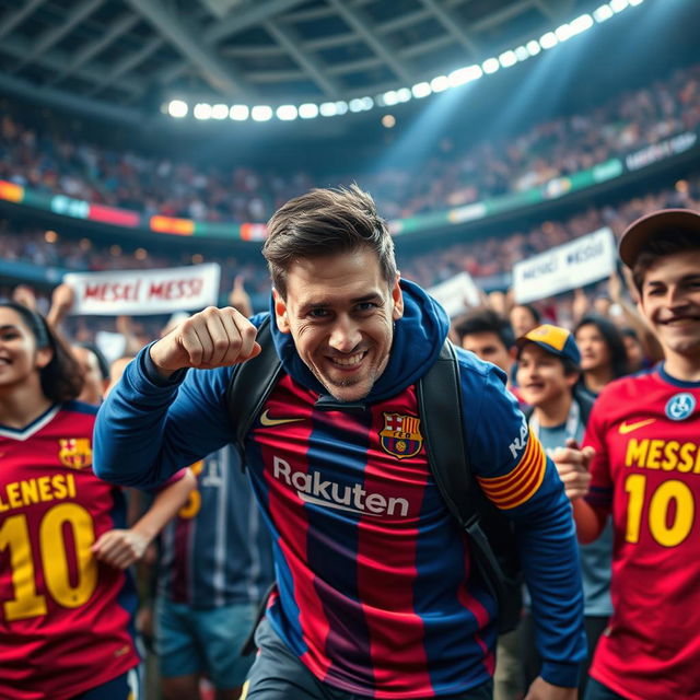 A thrilling and humorous scene where IShowSpeed, the charismatic YouTuber, is portrayed as playfully 'hunting' fans of Lionel Messi