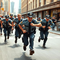 A dynamic scene depicting police officers sprinting with determination, capturing the urgency and intensity of a chase as if they are about to catch a thief