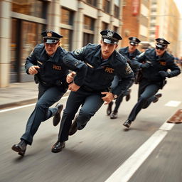 A dynamic scene depicting police officers sprinting with determination, capturing the urgency and intensity of a chase as if they are about to catch a thief