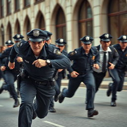 A dynamic scene depicting police officers sprinting with determination, capturing the urgency and intensity of a chase as if they are about to catch a thief