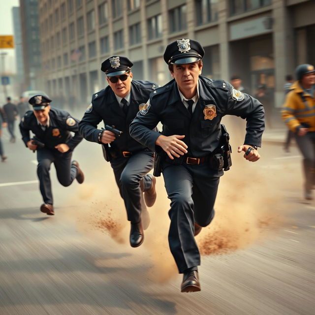 A dynamic scene depicting police officers sprinting with determination, capturing the urgency and intensity of a chase as if they are about to catch a thief