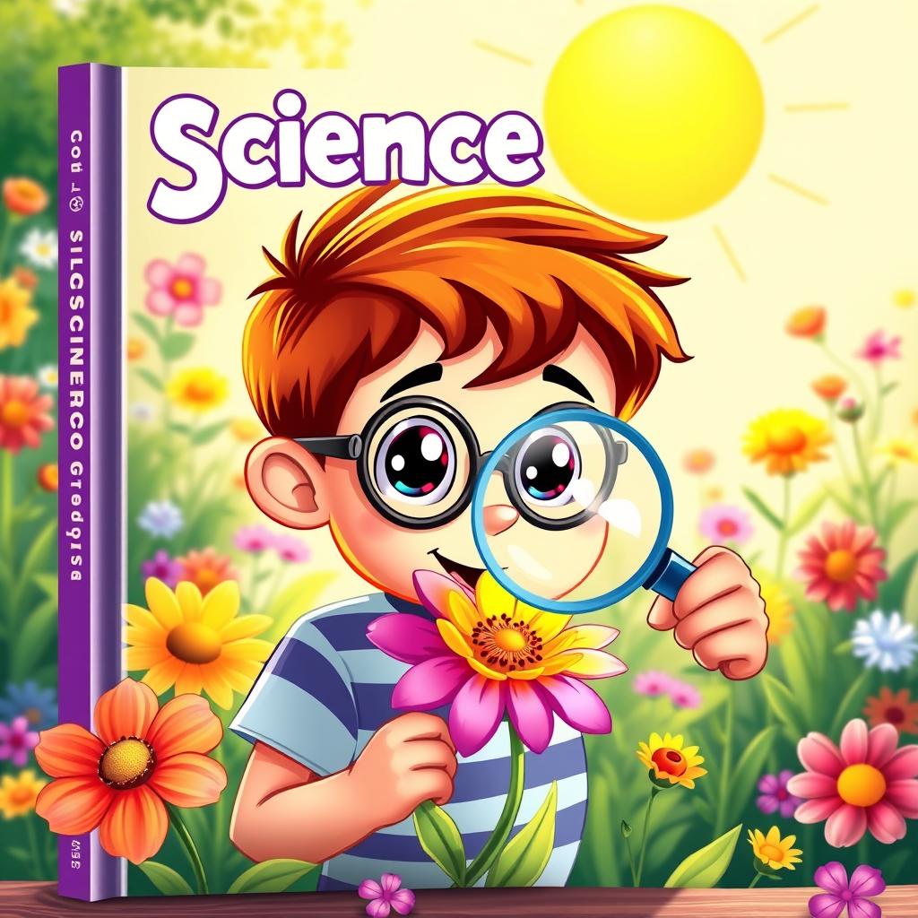 A vibrant and engaging science book cover featuring a cartoon kid with bright eyes and a curious expression, closely observing a colorful flower through a magnifying lens