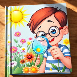 A vibrant and engaging science book cover featuring a cartoon kid with bright eyes and a curious expression, closely observing a colorful flower through a magnifying lens