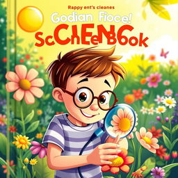 A vibrant and engaging science book cover featuring a cartoon kid with bright eyes and a curious expression, closely observing a colorful flower through a magnifying lens