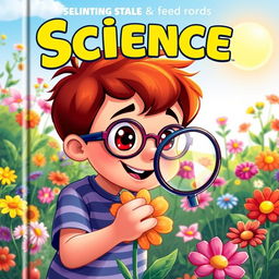 A vibrant and engaging science book cover featuring a cartoon kid with bright eyes and a curious expression, closely observing a colorful flower through a magnifying lens