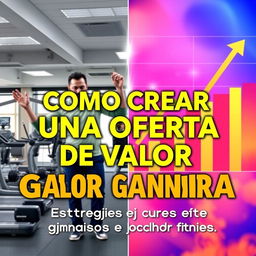 A vibrant and engaging YouTube thumbnail for a video titled 'COMO CREAR UNA OFERTA DE VALOR GANADORA - Estrategia para gimnasios y coach fitness'