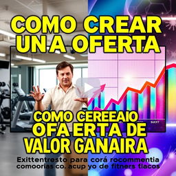 A vibrant and engaging YouTube thumbnail for a video titled 'COMO CREAR UNA OFERTA DE VALOR GANADORA - Estrategia para gimnasios y coach fitness'