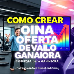 A vibrant and engaging YouTube thumbnail for a video titled 'COMO CREAR UNA OFERTA DE VALOR GANADORA - Estrategia para gimnasios y coach fitness'