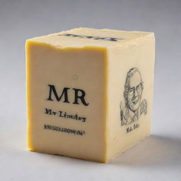 A cartoonishly exaggerated block of butter with the words 'Mr Lix' humorously engraved into it