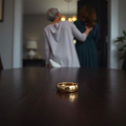 A woman departing from her home, leaving a shiny golden wedding ring on a dark wooden table