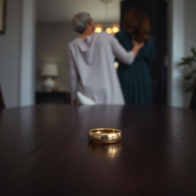 A woman departing from her home, leaving a shiny golden wedding ring on a dark wooden table