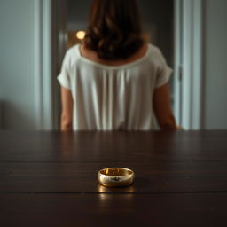 A woman departing from her home, leaving a shiny golden wedding ring on a dark wooden table