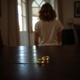 A woman departing from her home, leaving a shiny golden wedding ring on a dark wooden table