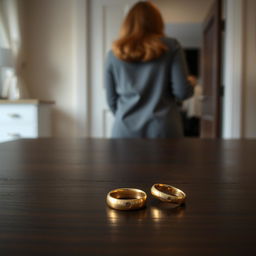 A woman departing from her home, leaving a shiny golden wedding ring on a dark wooden table