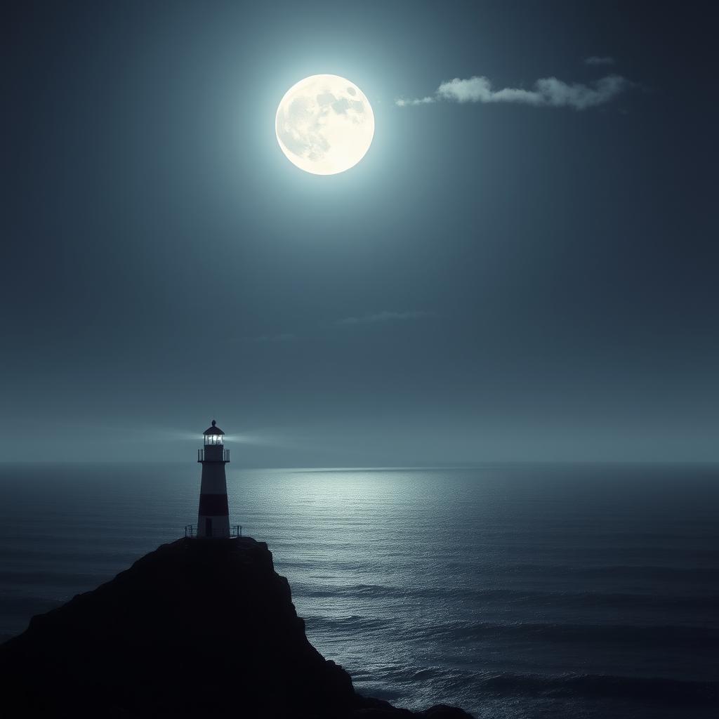 A serene night scene depicting a full moon that casts a soft, silver glow over a calm ocean