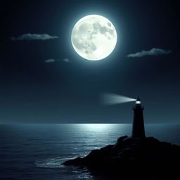 A serene night scene depicting a full moon that casts a soft, silver glow over a calm ocean