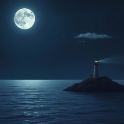 A serene night scene depicting a full moon that casts a soft, silver glow over a calm ocean